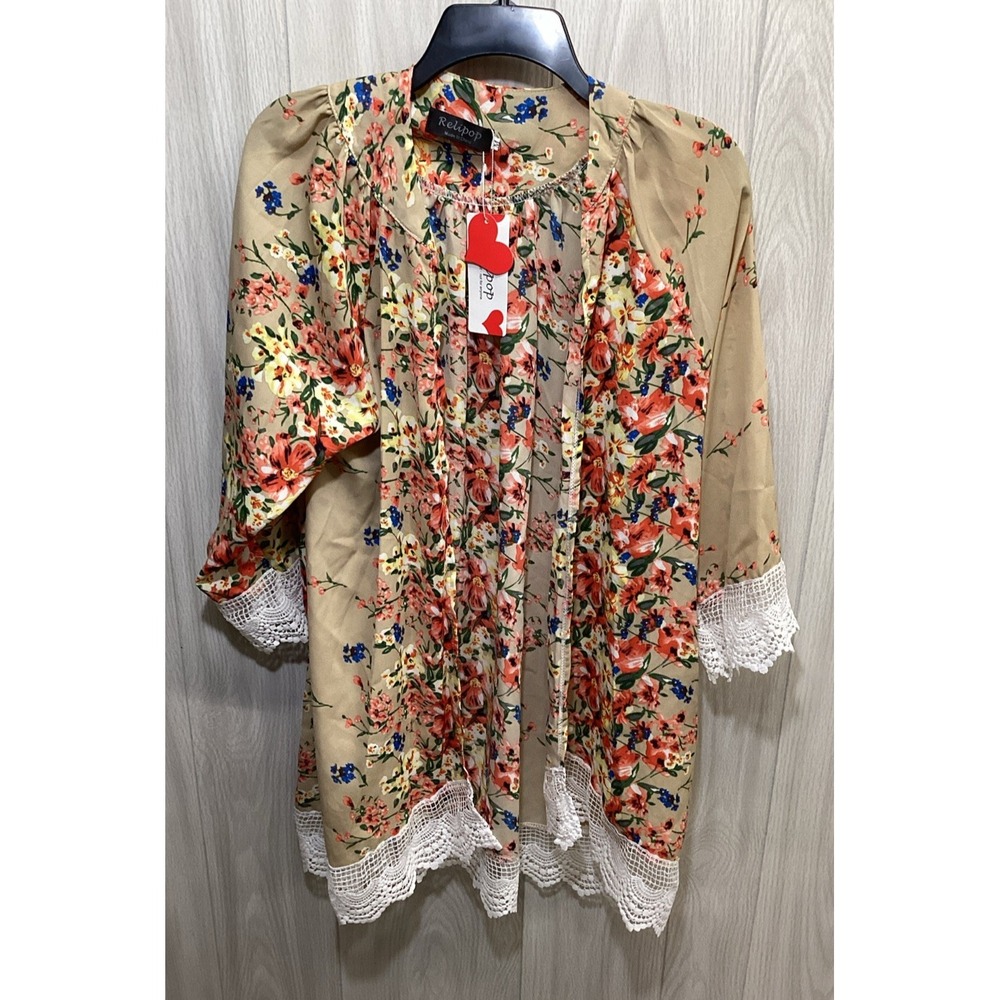 RELIPOP Women's (Size M) 3/4 Sleeve Open Front Cardigan Lace Accent‎ Cotton Poly